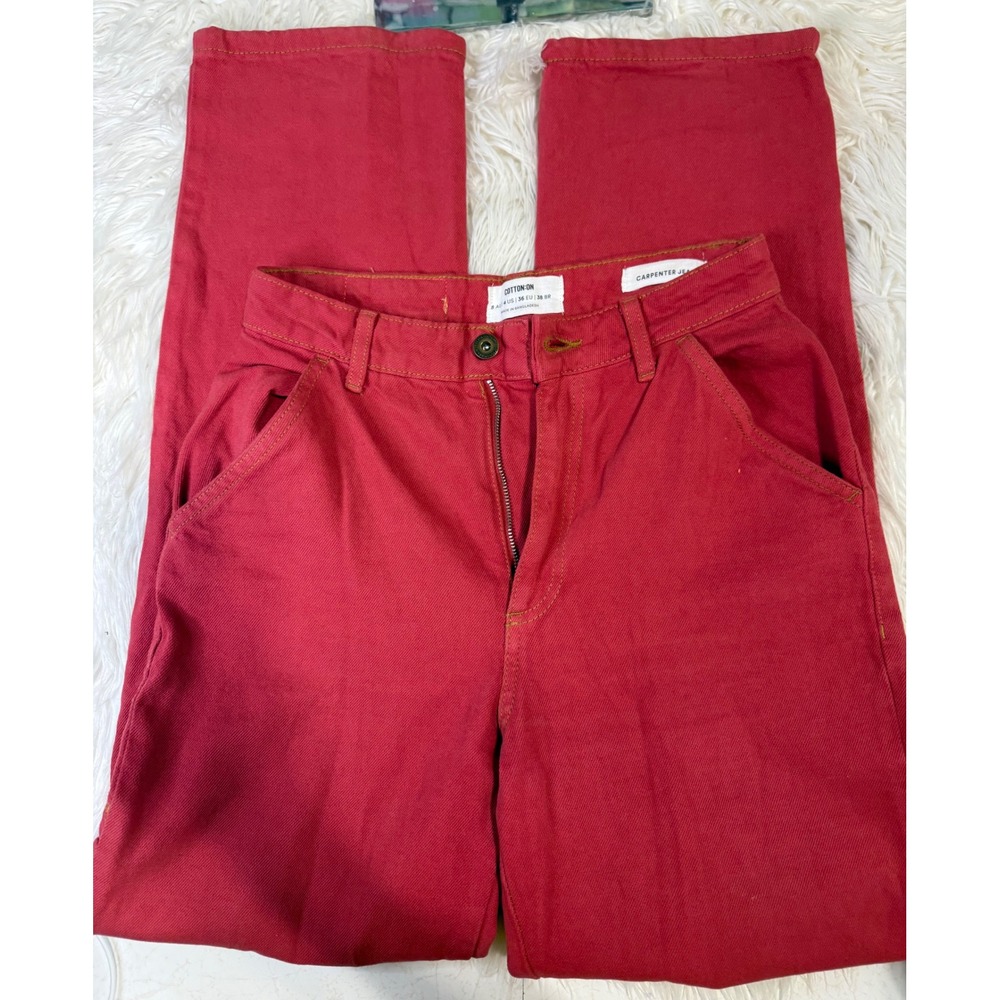 Cotton On Carpenter Jean Red High Rise Straight Leg Utility Denim Pants Size 4